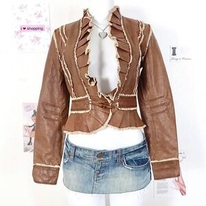 Moda International Brown Ruffle Trim Leather Jacket
